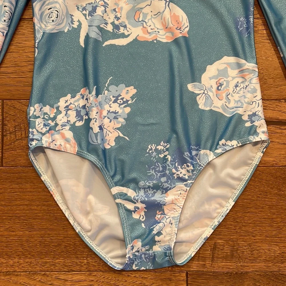 Girls Long-Sleeve Shabby Chic Blue Gymnastics Leotard Dance Leotard - Size 150